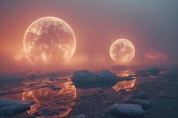 glowing moons floating above icy surreal landscape with mist and reflections
