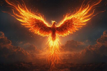 fiery phoenix rising with wings spread against dark cloudy sky
