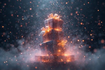 stacked gift boxes with glowing orange ribbons and sparkles in festive dark background
