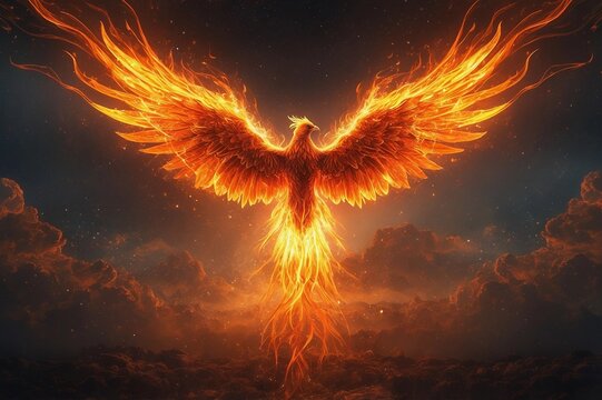 fiery phoenix rising with wings spread against dark cloudy sky
