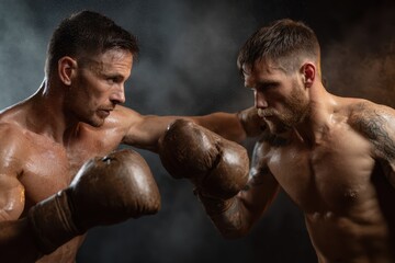 Two male boxers engage in an intense exchange of powerful punches inside the boxing ring during a competitive match at an illuminated venue