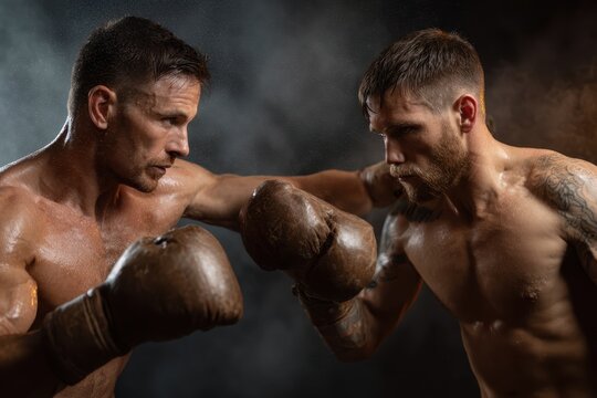 Two male boxers engage in an intense exchange of powerful punches inside the boxing ring during a competitive match at an illuminated venue