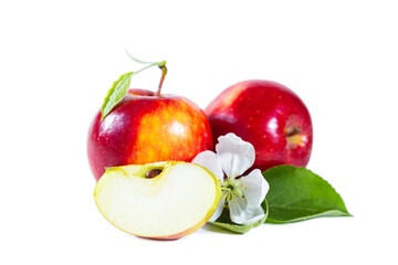 Red whole and sliced ​​apples with flowers and leaves. Isolated on white.