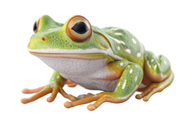 Vibrant green tree frog with orange eyes and spotted skin in detail, cut out