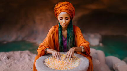 tribal woman grinding, stone mill process, ancient food preparation, earthy tones, orange turban, spiritual concentration, heritage kitchen scene, historical lifestyle setup