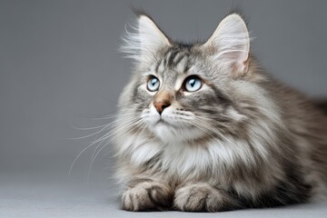 Funny large longhaired gray tabby kitten with striking blue eyes, curiously observing its surroundings in a cozy indoor setting