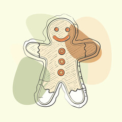 Christmas gingerbread man hand drawn cookie line illustration in soft pastel tones, festive holiday sketch for New Year cards, posters, seasonal decoration and winter artwork