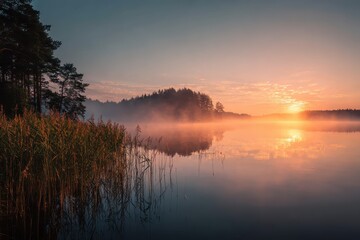 Fototapeta premium Misty lake shore at sunrise reveals tranquil beauty of summer mornings with soft light reflecting on calm waters