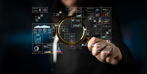 A big data visualization and business analytics dashboard grid. A complex collection of charts and graphs for comprehensive company reporting. Motif