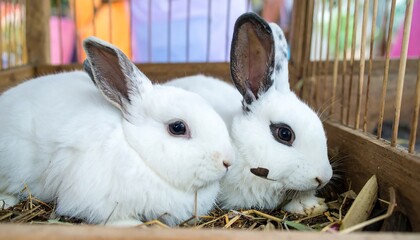Two white rabbits nestled together inside of a wooden cage with hay bedding