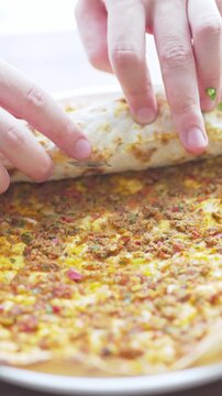 Traditional Turkish dish lahmacun in close-up