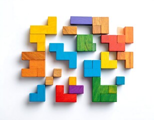 Colorful wooden puzzle pieces arranged in a chaotic pattern