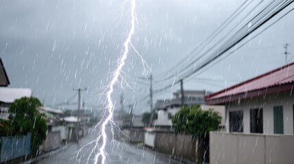 A bright lightning bolt illuminates a rainy, blurry street scene with houses and power lines during a storm.
