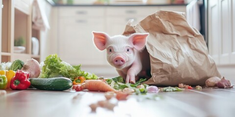 A Curious Piglet Happily Exploring the Cozy Kitchen Filled with Fresh, Colorful Vegetables