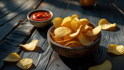 Golden crispy potato chips served in a wooden bowl with salsa dip on rustic wooden table. Snack food concept for lunch or party