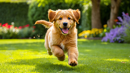 Cute Golden Retriever Puppy Running on Green Grass Outdoors