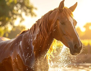 Horse in sunset water splash