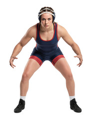 young female Caucasian wrestler in a blue and red uniform, in a ready stance.