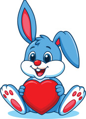 Cartoon blue bunny holding red heart with happy smile, cute love vector for Valentine’s Day, greeting cards, merchandise, and affection themes