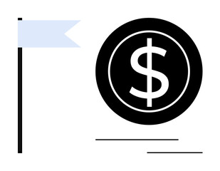 Black coin with dollar symbol next to blue flag on a pole. Ideal for economy, finance, investment, savings, goal setting, wealth management, business growth. Minimalist simple flat metaphor