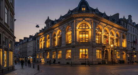 Ornate Historic European Building Illuminated at Twilight