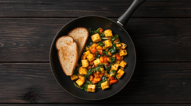 Tofu scramble with spinach and peppers served with toast in a frying pan