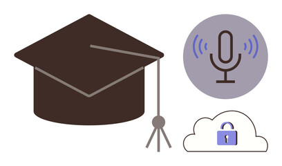 Graduation cap, microphone with soundwaves, and cloud lock illustrate education, communication, online learning, digital security, knowledge sharing, innovation and academic success. Ideal