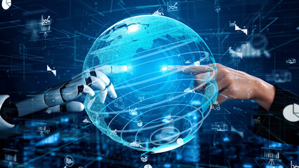 A visual representation of the synergy between human and machine, illustrating the future of interaction in technology through a digital globe and data visuals. Xenic