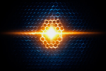 Bright yellow light is shining on a blue and black background. The light is surrounded by a hexagonal pattern