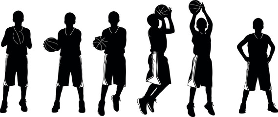 Basketball player silhouette vector set showing dynamic poses, jump shots, dribbling, and athletic movement for sports-themed design content.