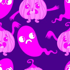Autumn harvest vegetable seamless monster Halloween pumpkins pattern for wrapping paper and fabrics