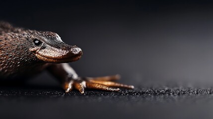Fototapeta premium Closeup portrait of a platypus with its distinctive bill against a dark background