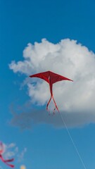 Red kite flying in a blue sky with clouds