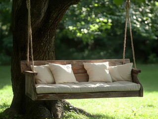 Rustic Wooden Tree Swing Bench with Cushions in Peaceful Garden