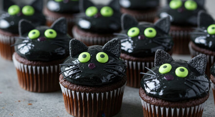  Black cat cupcakes with glossy black frosting and green candy eyes.