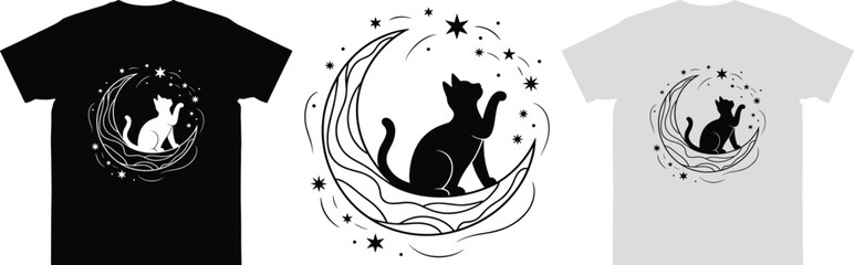 Mystical black cat silhouette with moon, stars, and swirling night design, perfect for t-shirt prints, magical vector art, or fantasy themes.