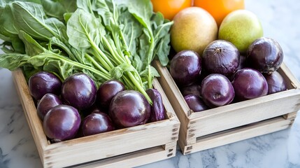 Fresh Produce in Wooden Crate,  Spinach, Plums, and Citrus Fruits
