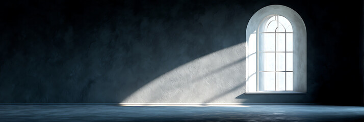 Dark, dramatic interior of a room with a tall arched window casting a diagonal beam of bright sunlight onto a textured wall, symbolizing hope, light, and historical architecture.
