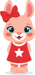 Pink cartoon bunny in red dress with bow and star, cute vector character for children’s media, merchandise, fashion, and educational themes
