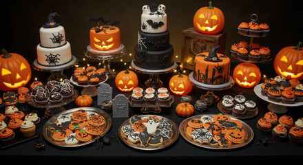 Halloween dessert table with cakes, cookies, and glowing jack-o’-lantern centerpieces.