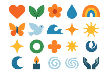 Care Icons. Care symbols set of icons in abstract flat : heart, wellness leaf, flower, droplet, butterfly, peace dove, calm wave, rainbow arc,