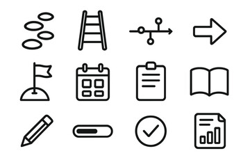 Wizard Path Icons. Step-by-step wizard icons in outline style: path stones, ladder steps, timeline chart, arrow forward, milestone flag, calendar,