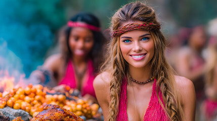 tribal woman smiling, festive food background, braided hair style, traditional red dress, outdoor celebration scene, colorful tribal attire, soft natural light, joyful atmosphere