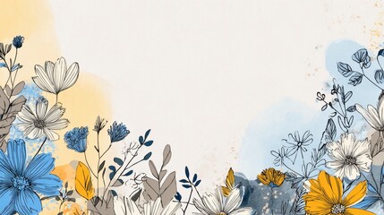 Colorful Floral Illustration With Blue, Yellow, and Gray Flowers in a Soft Background