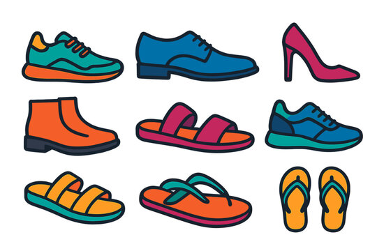 Colorful Footwear Icons. Footwear collection in modern flat vector : sneakers, dress shoes, high heels, boots, sandals, slippers, flip flops, sports