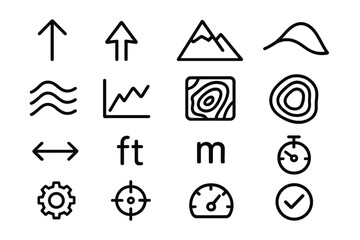 Measurement Symbol Icons. Measurement symbols icons in outline style: upward arrow, downward arrow, mountain peak, hill slope, altitude lines,