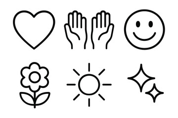 Obraz premium Thankful Symbols Icons. Thankful symbols icons in outline style: heart, open hands, smile face, flower, sun, sparkle