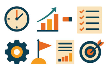 Abstract Project Icons. Project tracking set of icons in abstract flat : deadline clock, rising graph, progress bar, task list, gear, milestone flag,