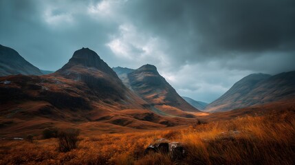 Dramatic scottish highlands landscape with rugged mountains under a moody sky and vibrant autumn foliage covering the rolling hills