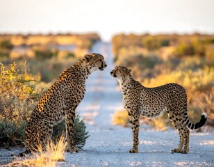 Obraz premium Two cheetahs meet on a desert road at sunset